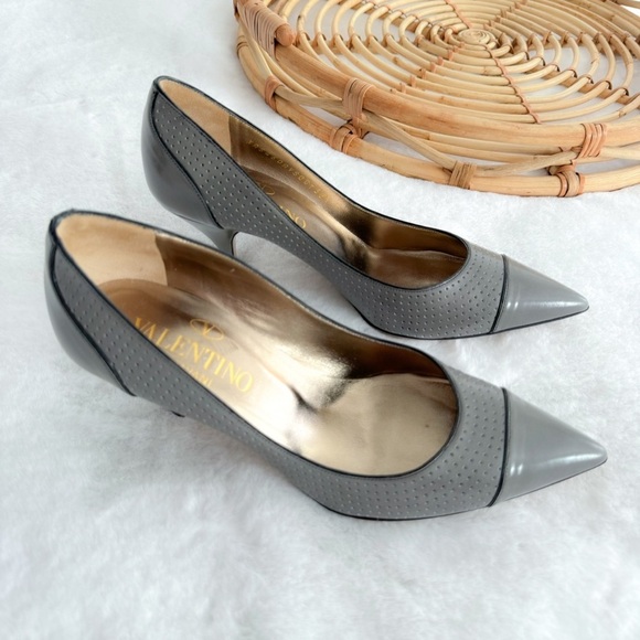Valentino Perforated Pumps Heels In Purple Gray Leather Pointed Toe - Picture 4 of 12